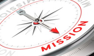 Compass with needle pointing the word mission. Conceptual illustration part one of a company statement, Mission, Vision and Value.